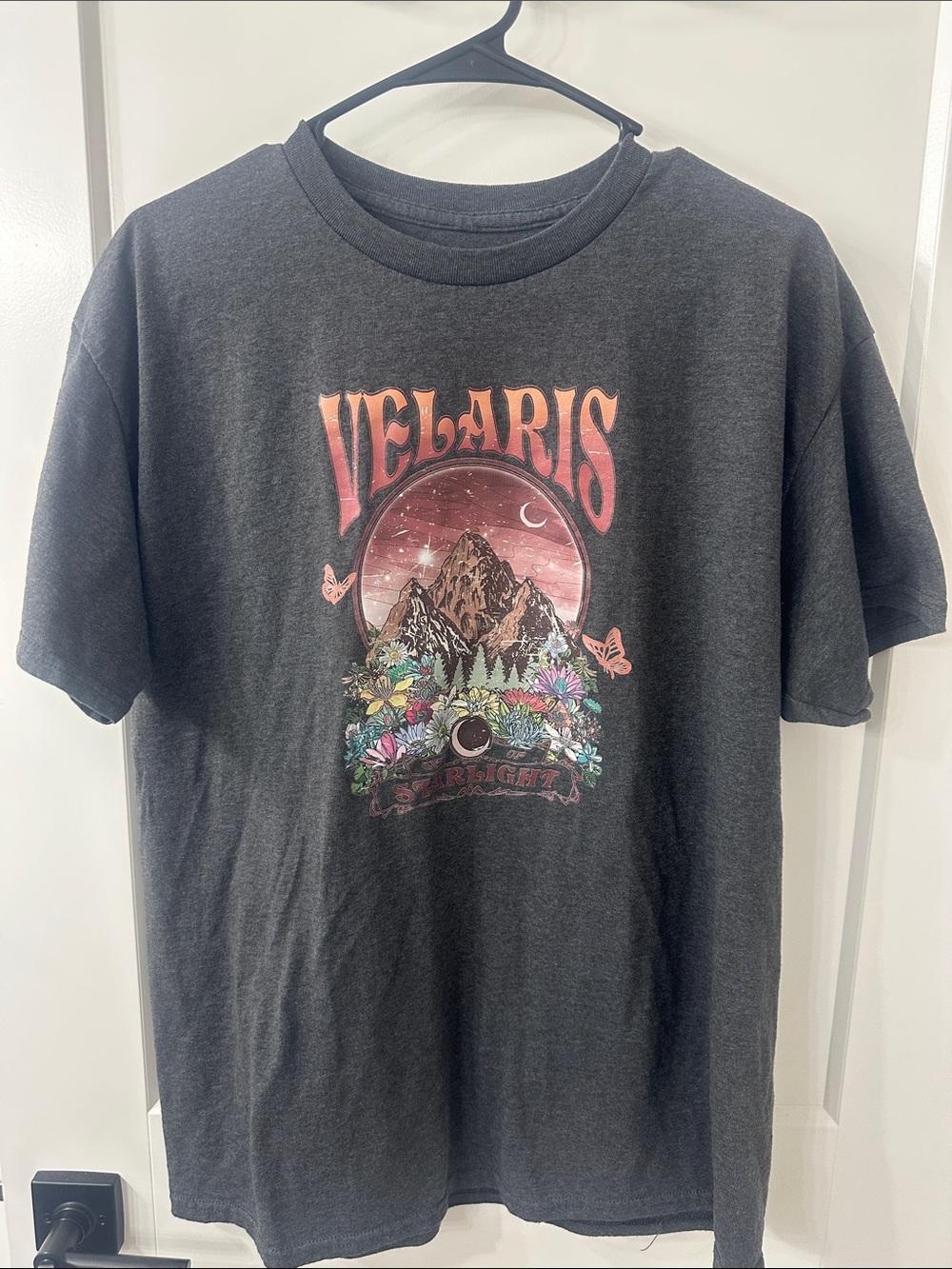 Velaris Mountain Graphic Tee - Charcoal with Pink & Multicolor Print